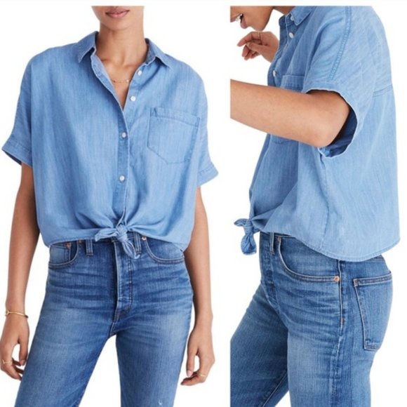 Madewell Tie Front Short Sleeve Denim Shirt Size XS - Picture 1 of 12